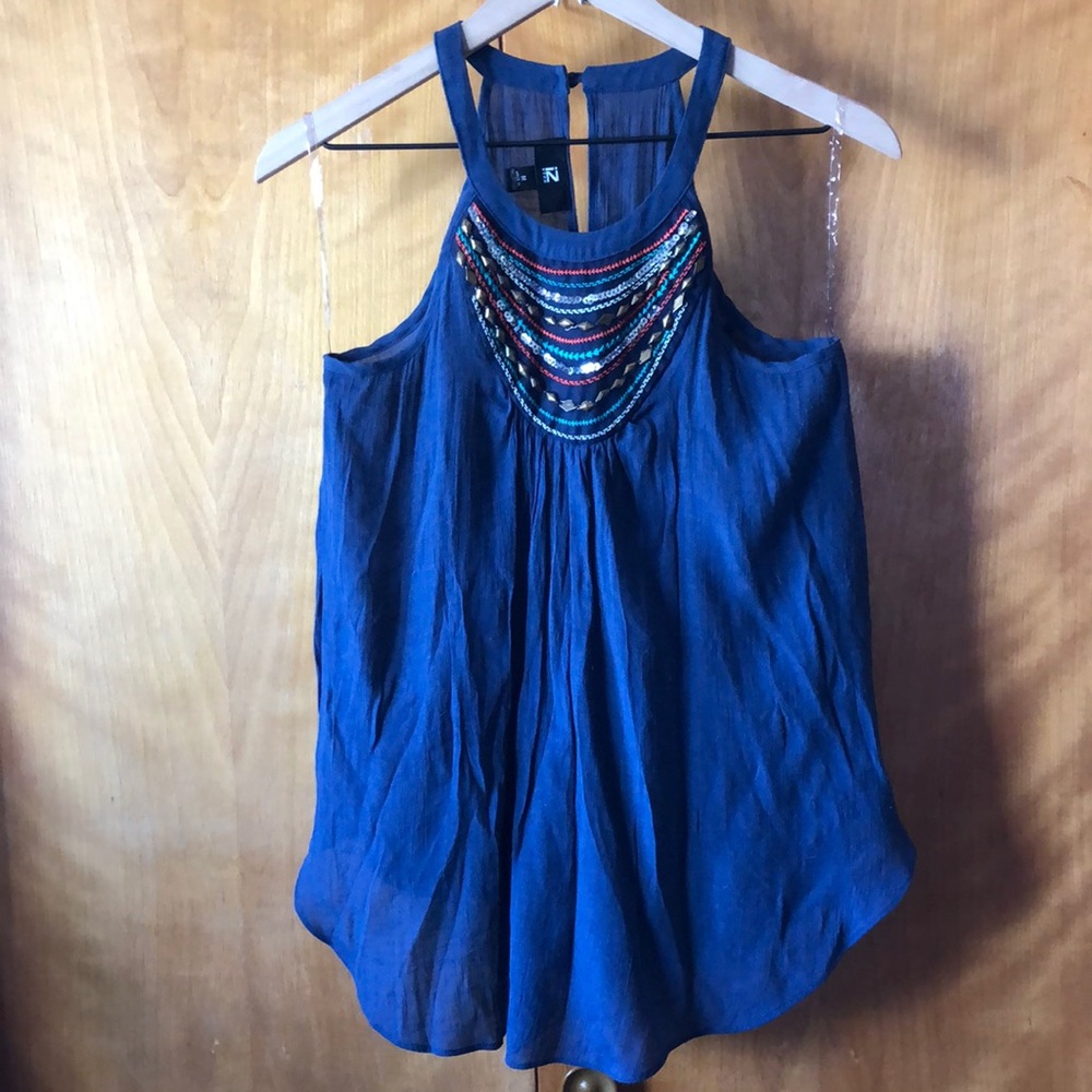 Y2K IZ Byer Bohemian Embroidered Beaded Blue Top M y2k